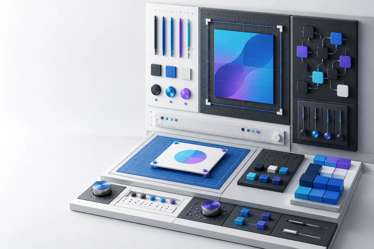 Modular digital workbench with precision grids, tool panels, and conversion controls